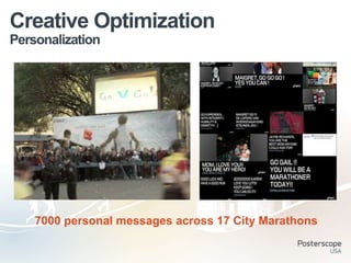 Creative Optimization
Personalization




    7000 personal messages across 17 City Marathons
 