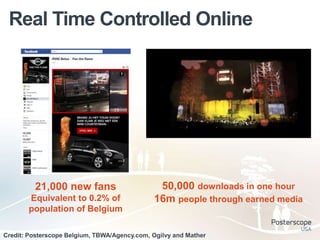 Real Time Controlled Online




         21,000 new fans                       50,000 downloads in one hour
       Equivalent to 0.2% of                  16m people through earned media
       population of Belgium

Credit: Posterscope Belgium, TBWA/Agency.com, Ogilvy and Mather
 