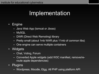 Implementation Engine Java Web App (tomcat or Jboss) MySQL DWR (Direct Web Remoting) library Pretty small (about 1mb WAR plus 11mb of common libs) One engine can serve multiple containers Widgets Chat, Voting, Forum Converted Apple widgets (add W3C manifest, remove/re-route apple dependencies) Plugins Wordpress, Moodle, Elgg. All PHP using platform API 