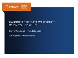 HADOOP & THE DATA WAREHOUSE:
WHEN TO USE WHICH
Steve Wooledge – Teradata Labs
Jim Walker – Hortonworks
1
 
