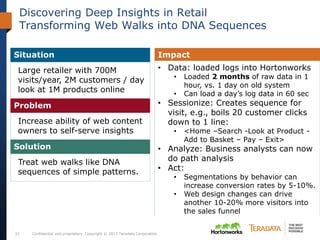 Confidential and proprietary. Copyright © 2013 Teradata Corporation.37
Discovering Deep Insights in Retail
Transforming Web Walks into DNA Sequences
Situation
Large retailer with 700M
visits/year, 2M customers / day
look at 1M products online
Problem
Increase ability of web content
owners to self-serve insights
Solution
Treat web walks like DNA
sequences of simple patterns.
Impact
• Data: loaded logs into Hortonworks
• Loaded 2 months of raw data in 1
hour, vs. 1 day on old system
• Can load a day’s log data in 60 sec
• Sessionize: Creates sequence for
visit, e.g., boils 20 customer clicks
down to 1 line:
• <Home –Search -Look at Product -
Add to Basket – Pay – Exit>
• Analyze: Business analysts can now
do path analysis
• Act:
• Segmentations by behavior can
increase conversion rates by 5-10%.
• Web design changes can drive
another 10-20% more visitors into
the sales funnel
 