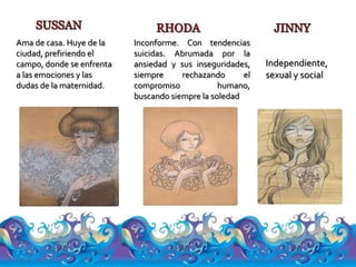 Ama de casa. Huye de la    Inconforme. Con tendencias
ciudad, prefiriendo el     suicidas. Abrumada por la
campo, donde se enfrenta   ansiedad y sus inseguridades,    Independiente,
a las emociones y las      siempre     rechazando      el   sexual y social
dudas de la maternidad.    compromiso            humano,
                           buscando siempre la soledad
 