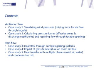 Contents
Ventilation flow:
• Case study 1: Simulating wind pressures (driving force for air flow
through façade)
• Case st...