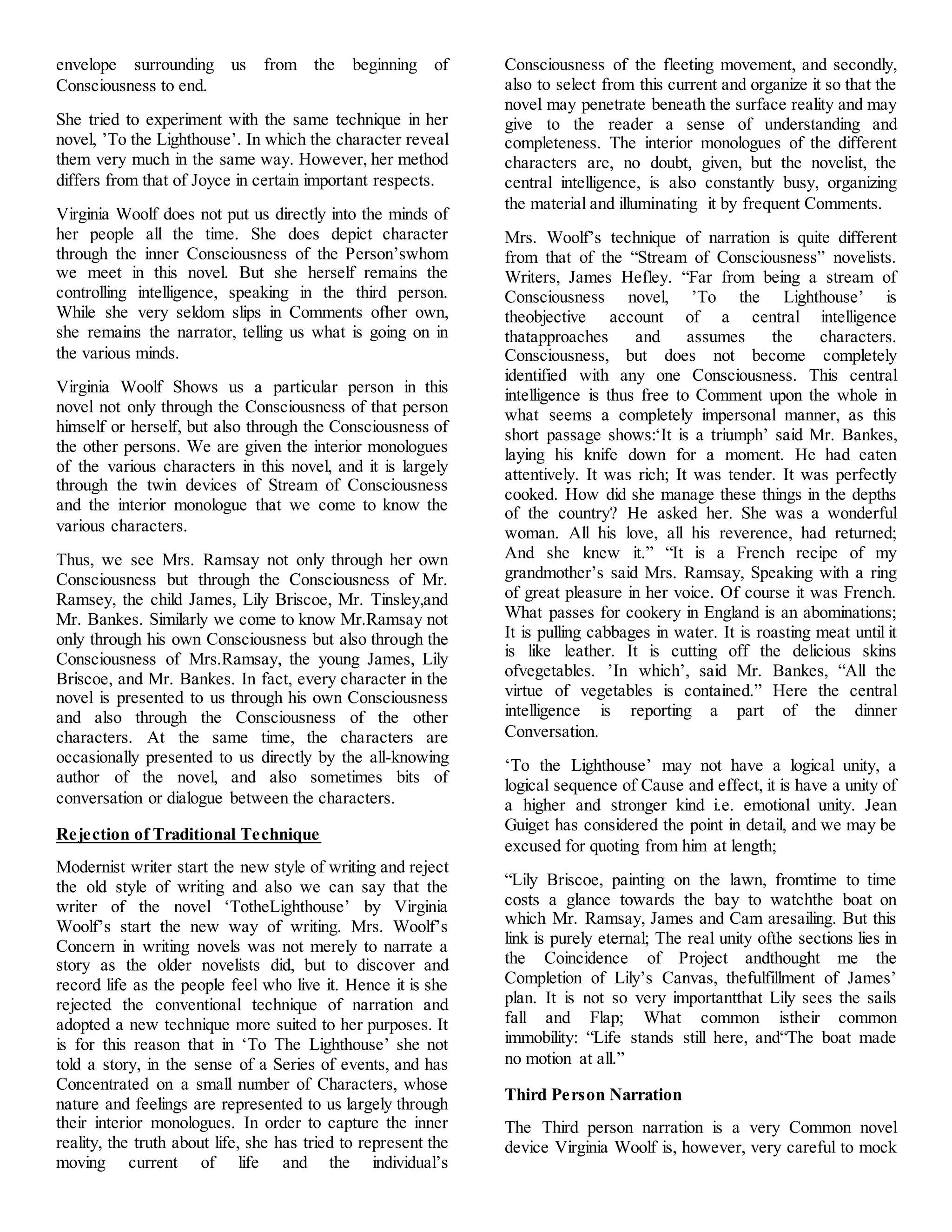 Woolf stream of consciousness technique in To the Light House | DOCX