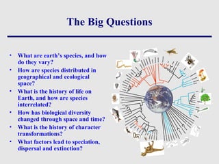 The Big Questions
• What are earth’s species, and how
do they vary?
• How are species distributed in
geographical and ecological
space?
• What is the history of life on
Earth, and how are species
interrelated?
• How has biological diversity
changed through space and time?
• What is the history of character
transformations?
• What factors lead to speciation,
dispersal and extinction?
 