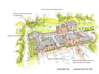 Woolsington hall proposed view from north
Ha-ha and open views to parkland retained
Existing enrty track and gates retained
For pedestrian use
Orangery converted to ‘tea-rooms’
Covered link to Stables restaurant
Coachman’s house retained forming centre
piece of new hotel room courtyards
 