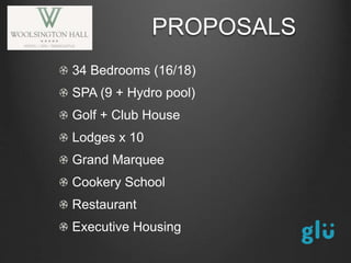 34 Bedrooms (16/18)
SPA (9 + Hydro pool)
Golf + Club House
Lodges x 10
Grand Marquee
Cookery School
Restaurant
Executive Housing
PROPOSALS
 