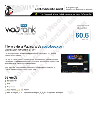 Puntuación de la
                                                                                             Página Web




                                                                                           60.6   sobre 100




Informe de la Página Web godofpes.com
December 26th, 2011 at 15:31:24 GMT

This report provides a review of the key factors that influence the SEO and the
usability of your website.

The rank is a grade on a 100 point scale that represents your Internet Marketing
Effectiveness. The Algorithm is based on 50 criteria, including search engine data,
website structure, site performance and others.

If you need help to improve your website, visit www.WooRank.com to find an
Expert in the Web Industry located in your area.




Leyenda
   Sobresaliente
   Bien
   Suspendido

   Bajo impacto         Alto impacto

   Fácil de arreglar       Complicado de arreglar             Casi imposible de arreglar

Resumen del informe
 