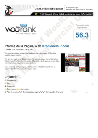 Puntuación de la
                                                                                             Página Web




                                                                                           56.3   sobre 100




Informe de la Página Web laradiodelsur.com
October 21st, 2011 at 02:13:15 GMT

This report provides a review of the key factors that influence the SEO and the
usability of your website.

The rank is a grade on a 100 point scale that represents your Internet Marketing
Effectiveness. The Algorithm is based on 50 criteria, including search engine data,
website structure, site performance and others.

If you need help to improve your website, visit www.WooRank.com to find an
Expert in the Web Industry located in your area.




Leyenda
   Sobresaliente
   Bien
   Suspendido

   Bajo impacto         Alto impacto

   Fácil de arreglar       Complicado de arreglar             Casi imposible de arreglar

Resumen del informe
 