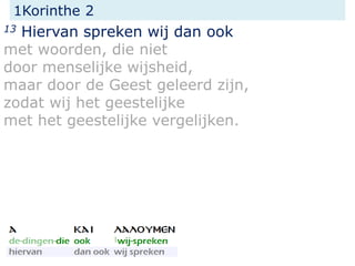 1Korinthe 2
13 Hiervan spreken wij dan ook
met woorden, die niet
door menselijke wijsheid,
maar door de Geest geleerd zijn,
zodat wij het geestelijke
met het geestelijke vergelijken.
 