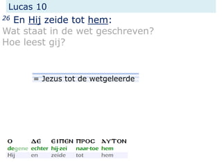 Lucas 10
26 En Hij zeide tot hem:
Wat staat in de wet geschreven?
Hoe leest gij?
= Jezus tot de wetgeleerde
 