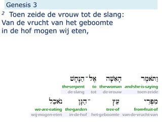 Genesis 3
2 Toen zeide de vrouw tot de slang:
Van de vrucht van het geboomte
in de hof mogen wij eten,
 