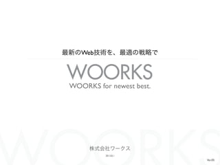 最新のWeb技術を、最適の戦略で

WOORKS for newest best.

株式会社ワークス
2013.8.1

Ver.05

 