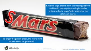 www.devopsguys.com
Phone: 0800 368 7378 | e-mail: team@devopsguys.com
@TheDevMgr
Receives large orders from the trading platform
and breaks them up into multiple smaller
orders to find a buyer/seller match for the
volume of shares.
The larger the parent order, the more child
orders would be generated.
Photo Credit: Torben Bjørn Hansen via Compfight cc
 
