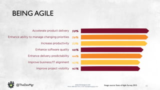 61
www.devopsguys.com
Phone: 0800 368 7378 | e-mail: team@devopsguys.com
@TheDevMgr
BEING AGILE
Image source: State of Agile Survey, 2015
 