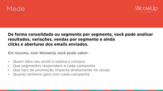 Mede
De forma consolidada ou segmento por segmento, você pode analisar  
resultados, variações, vendas por segmento e ainda 
clicks e aberturas dos emails enviados.
Em resumo, com WoowUp você pode saber:
• Quem abre seu email e realiza a compra
• Que segmentos respondem a cada campanha
• Que tipo de promoção impacta diretamente na venda
• Quanto dinheiro gera com cada campanha
 