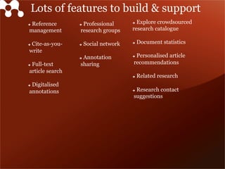 Lots of features to build & support
è  Reference
management
è  Cite-as-you-
write
è  Full-text
article search
è  Digitalised
annotations
è  Professional
research groups
è  Social network
è  Annotation
sharing
è  Explore crowdsourced
research catalogue
è  Document statistics
è  Personalised article
recommendations
è  Related research
è  Research contact
suggestions
 