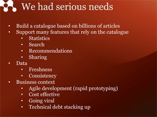 We had serious needs
•  Build a catalogue based on billions of articles
•  Support many features that rely on the catalogue
•  Statistics
•  Search
•  Recommendations
•  Sharing
•  Data
•  Freshness
•  Consistency
•  Business context
•  Agile development (rapid prototyping)
•  Cost effective
•  Going viral
•  Technical debt stacking up
 