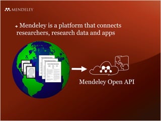 è  Mendeley is a platform that connects
researchers, research data and apps
Mendeley Open API
 