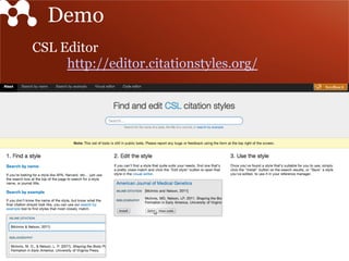 Demo
CSL Editor
http://editor.citationstyles.org/
 
