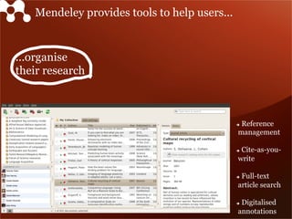 ...organise
their research
Mendeley provides tools to help users...
è  Reference
management
è  Cite-as-you-
write
è  Full-text
article search
è  Digitalised
annotations
 