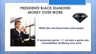 PRESIDENTE BLACK DIAMOND
    MONEY OVER WORK



        10000 (dez mil) Associados total equipe




        O associado ganha 18% de todo o ganho das
           mensalidades da Money over work.
 
