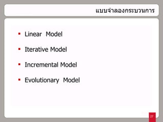 Linear  Model  Iterative Model Incremental Model Evolutionary  Model แบบจำลองกระบวนการ 