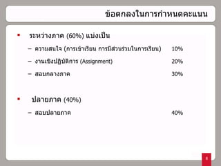 ข้อตกลงในการกำหนดคะแนน ระหว่างภาค  ( 60 %)  แบ่งเป็น   ความสนใจ  ( การเข้าเรียน การมีส่วนร่วมในการเรียน ) 10 % งานเชิงปฏิบัติการ  (Assignment) 20 % สอบกลางภาค 30 % ปลายภาค  ( 40% )   สอบปลายภาค 40 % 