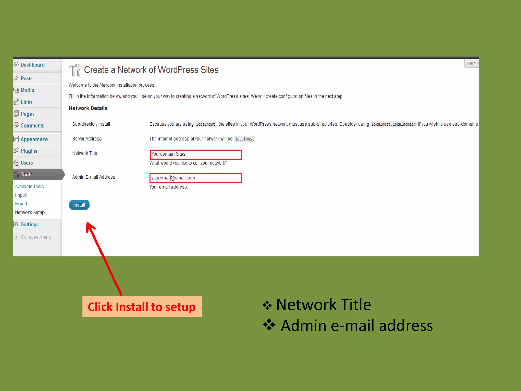 Click Install to setup    Network Title
                          Admin e-mail address
 