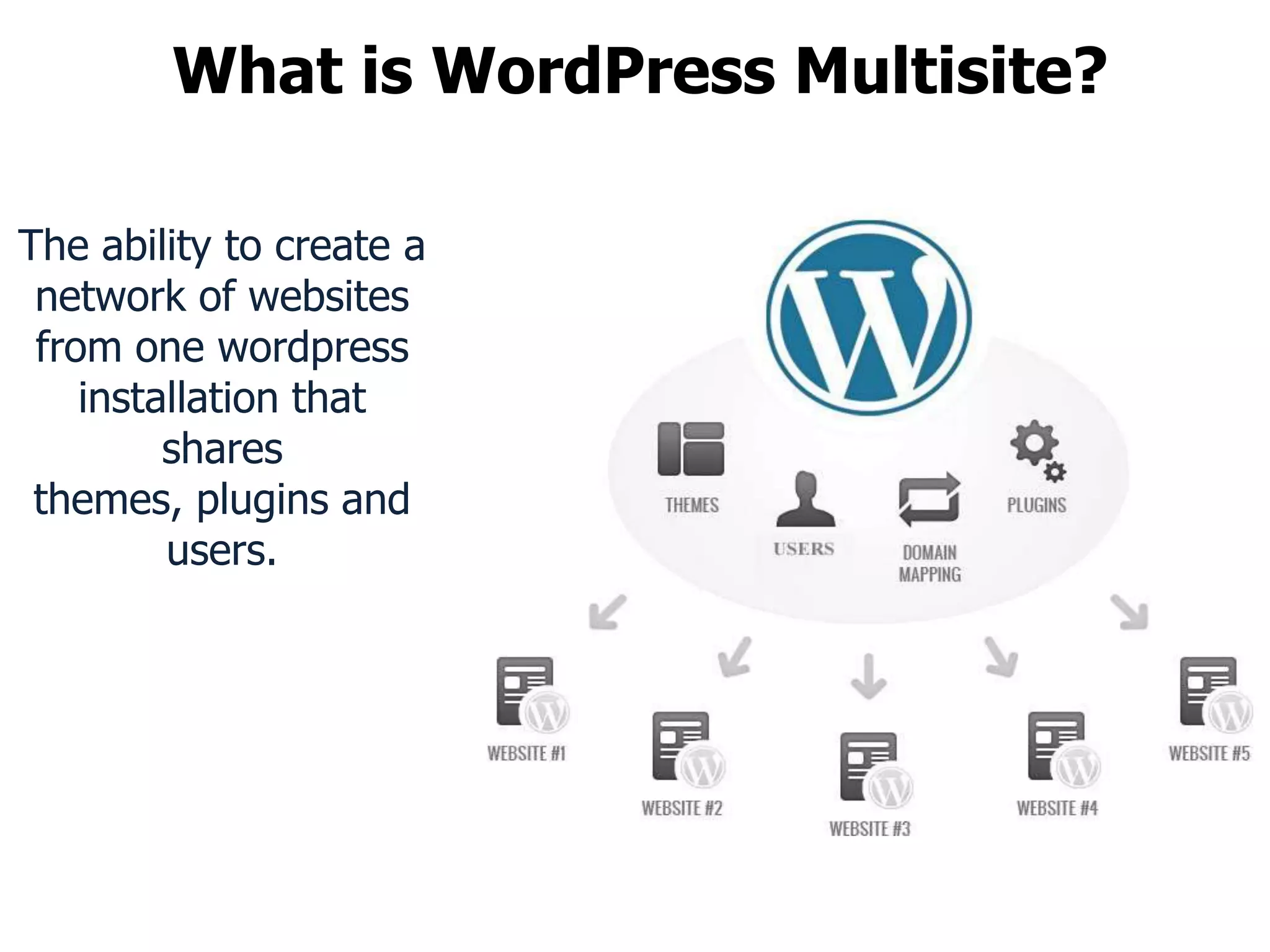What is WordPress Multisite?

The ability to create a
 network of websites
 from one wordpress
    installation that
         shares
 themes, plugins and
         users.
 