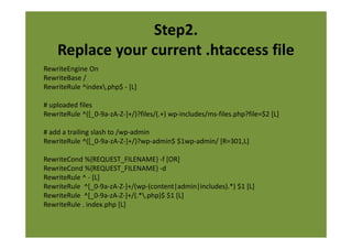 Step2.
    Replace your current .htaccess file
RewriteEngine On
RewriteBase /
RewriteRule ^index.php$ - [L]

# uploaded files
RewriteRule ^([_0-9a-zA-Z-]+/)?files/(.+) wp-includes/ms-files.php?file=$2 [L]

# add a trailing slash to /wp-admin
RewriteRule ^([_0-9a-zA-Z-]+/)?wp-admin$ $1wp-admin/ [R=301,L]

RewriteCond %{REQUEST_FILENAME} -f [OR]
RewriteCond %{REQUEST_FILENAME} -d
RewriteRule ^ - [L]
RewriteRule ^[_0-9a-zA-Z-]+/(wp-(content|admin|includes).*) $1 [L]
RewriteRule ^[_0-9a-zA-Z-]+/(.*.php)$ $1 [L]
RewriteRule . index.php [L]
 