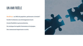 WordPress : un CMS très populaire, performant et évolutif !
Facilité d'utilisation sans développement lourd.
Grande flexibilité et personnalisation.
Un catalogue incroyable d'extensions et de plugins.
Une communauté importante et active.
UN AMI FIDÈLE
 