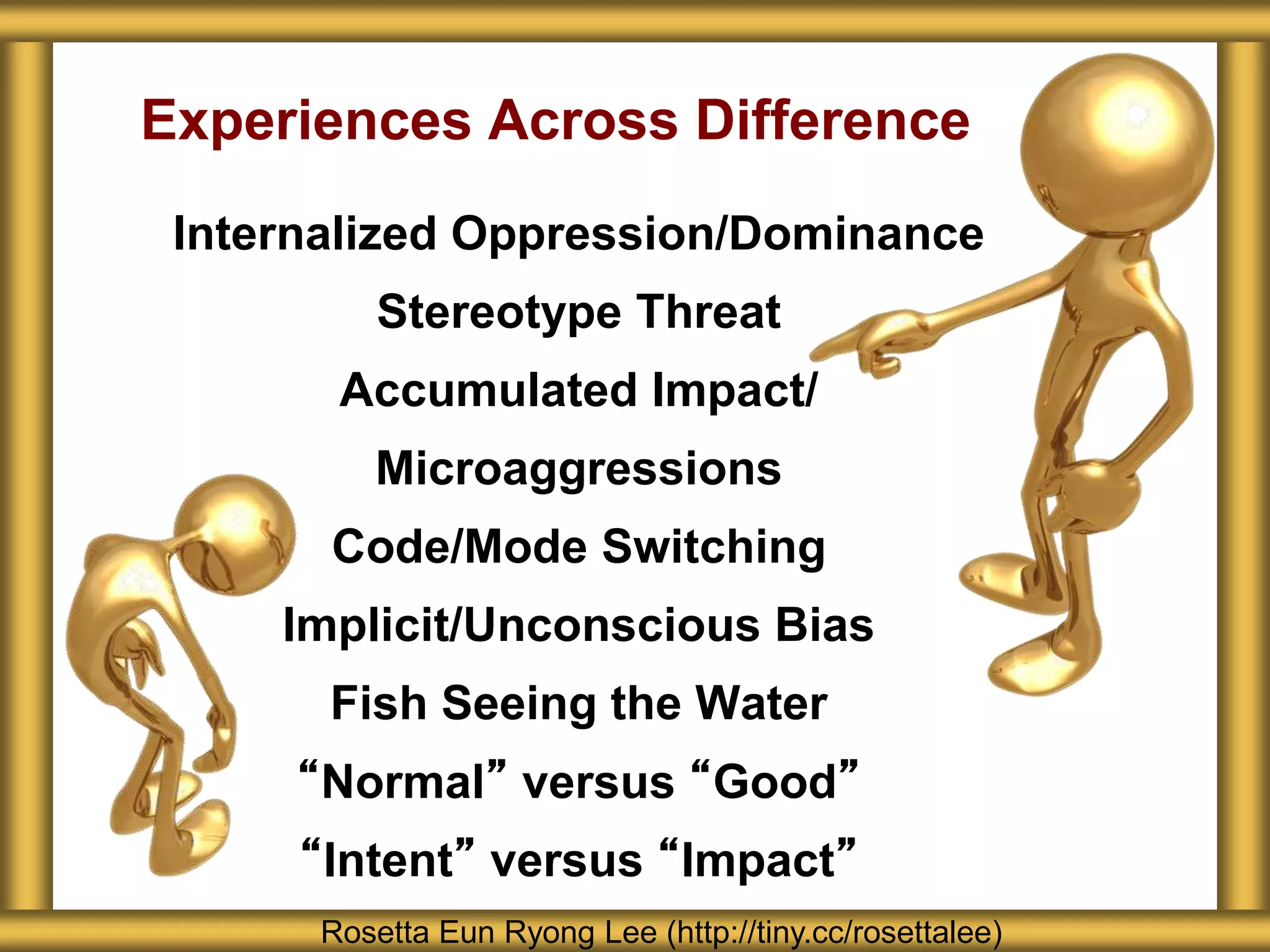 Experiences Across Difference
Internalized Oppression/Dominance
Stereotype Threat
Accumulated Impact/
Microaggressions
Code/Mode Switching
Implicit/Unconscious Bias
Fish Seeing the Water
“Normal” versus “Good”
“Intent” versus “Impact”
Rosetta Eun Ryong Lee (http://tiny.cc/rosettalee)
 