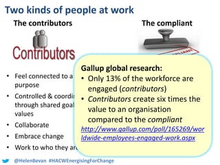 @HelenBevan #HACWEnergisingForChange
Two kinds of people at work
• Feel connected to a higher
purpose
• Controlled & coordinated
through shared goals &
values
• Collaborate
• Embrace change
• Work to who they are
The contributors The compliant
• Feel disconnected from
purpose
• Controlled & coordinated
through performance
management & standardised
procedures
• Hold back
• Resist change
• Work to a role specification
Gallup global research:
• Only 13% of the workforce are
engaged (contributors)
• Contributors create six times the
value to an organisation
compared to the compliant
http://www.gallup.com/poll/165269/wor
ldwide-employees-engaged-work.aspx
 