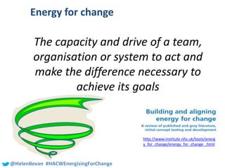 #SHCR @School4Radicals@HelenBevan #HACWEnergisingForChange
Energy for change
The capacity and drive of a team,
organisation or system to act and
make the difference necessary to
achieve its goals
http://www.institute.nhs.uk/tools/energ
y_for_change/energy_for_change_.html
 