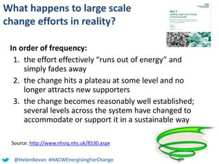 @HelenBevan #HACWEnergisingForChange
What happens to large scale
change efforts in reality?
In order of frequency:
1. the effort effectively “runs out of energy” and
simply fades away
2. the change hits a plateau at some level and no
longer attracts new supporters
3. the change becomes reasonably well established;
several levels across the system have changed to
accommodate or support it in a sustainable way
Source: http://www.nhsiq.nhs.uk/8530.aspx
 