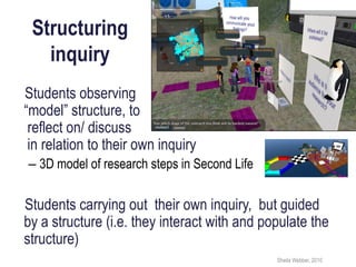 Structuring
   inquiry
Students observing
“model” structure, to
 reflect on/ discuss
 in relation to their own inquiry
– 3D model of research steps in Second Life

Students carrying out their own inquiry, but guided
by a structure (i.e. they interact with and populate the
structure)
                                              Sheila Webber, 2010
 