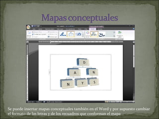 Se puede insertar mapas conceptuales también en el Word y por supuesto cambiar el formato de las letras y de los recuadros que conforman el mapa  