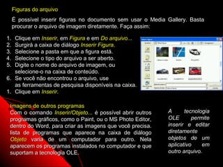 Figuras do arquivo
     É possível inserir figuras no documento sem usar o Media Gallery. Basta
     procurar o arquivo de imagem diretamente. Faça assim:

1. Clique em Inserir, em Figura e em Do arquivo...
2. Surgirá a caixa de diálogo Inserir Figura.
3. Selecione a pasta em que a figura está.
4. Selecione o tipo do arquivo a ser aberto.
5. Digite o nome do arquivo de imagem, ou
   selecione-o na caixa de conteúdo.
6. Se você não encontrou o arquivo, use
   as ferramentas de pesquisa disponíveis na caixa.
1. Clique em Inserir.

 Imagens de outros programas
 Com o comando Inserir/Objeto... é possível abrir outros      A      tecnologia
 programas gráficos, como o Paint, ou o MS Photo Editor,      OLE       permite
 dentro do Word, para criar as imagens que você precisa.      inserir e editar
 lista de programas que aparece na caixa de diálogo           diretamente
 Objeto varia de um computador para outro. Nela               objetos de um
 aparecem os programas instalados no computador e que         aplicativo    em
 suportam a tecnologia OLE.                                   outro arquivo.
                                                            56
 