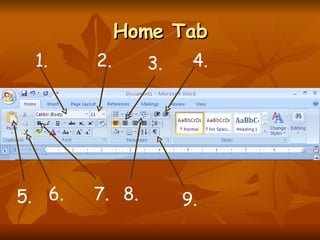 Home Tab 1. 2. 3. 4. 5. 6. 7. 8. 9. 
