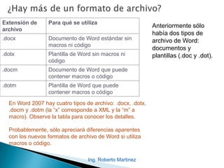 Extensión de
archivo
Para qué se utiliza
.docx Documento de Word estándar sin
macros ni código
.dotx Plantilla de Word sin macros ni
código
.docm Documento de Word que puede
contener macros o código
.dotm Plantilla de Word que puede
contener macros o código
Anteriormente sólo
había dos tipos de
archivo de Word:
documentos y
plantillas (.doc y .dot).
En Word 2007 hay cuatro tipos de archivo: .docx, .dotx,
.docm y .dotm (la “x” corresponde a XML y la “m” a
macro). Observe la tabla para conocer los detalles.
Probablemente, sólo apreciará diferencias aparentes
con los nuevos formatos de archivo de Word si utiliza
macros o código.
Ing. Roberto Martinez
 