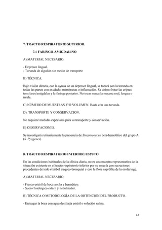 7. TRACTO RESPIRATORIO SUPERIOR.
7.1 FARINGO-AMIGDALINO
A) MATERIAL NECESARIO.
- Depresor lingual.
- Torunda de algodón sin medio de transporte
B) TÉCNICA.
Bajo visión directa, con la ayuda de un depresor lingual, se tocará con la torunda en
todas las partes con exudado, membranas o inflamación. Se deben frotar las criptas
tonsilares/amígdalas y la faringe posterior. No tocar nunca la mucosa oral, lengua o
úvula.
C) NÚMERO DE MUESTRAS Y/O VOLUMEN. Basta con una torunda.
D) TRANSPORTE Y CONSERVACION.
No requiere medidas especiales para su transporte y conservación.
E) OBSERVACIONES.
Se investigará rutinariamente la presencia de Streptococcus beta-hemolítico del grupo A
(S. Pyogenes)

8. TRACTO RESPIRATORIO INFERIOR: ESPUTO
En las condiciones habituales de la clínica diaria, no es una muestra representativa de la
situación existente en el tracto respiratorio inferior por su mezcla con secreciones
procedentes de todo el árbol traqueo-bronquial y con la flora saprófita de la orofaringe.
A) MATERIAL NECESARIO.
- Frasco estéril de boca ancha y hermético.
- Suero fisiológico estéril y nebulizador.
B) TÉCNICA O METODOLOGÍA DE LA OBTENCIÓN DEL PRODUCTO.
- Enjuagar la boca con agua destilada estéril o solución salina.
12

 