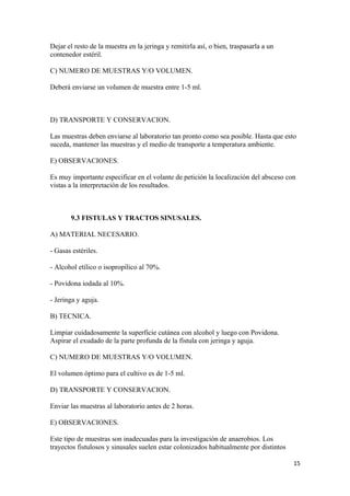 Dejar el resto de la muestra en la jeringa y remitirla así, o bien, traspasarla a un
contenedor estéril.
C) NUMERO DE MUESTRAS Y/O VOLUMEN.
Deberá enviarse un volumen de muestra entre 1-5 ml.

D) TRANSPORTE Y CONSERVACION.
Las muestras deben enviarse al laboratorio tan pronto como sea posible. Hasta que esto
suceda, mantener las muestras y el medio de transporte a temperatura ambiente.
E) OBSERVACIONES.
Es muy importante especificar en el volante de petición la localización del absceso con
vistas a la interpretación de los resultados.

9.3 FISTULAS Y TRACTOS SINUSALES.
A) MATERIAL NECESARIO.
- Gasas estériles.
- Alcohol etílico o isopropílico al 70%.
- Povidona iodada al 10%.
- Jeringa y aguja.
B) TECNICA.
Limpiar cuidadosamente la superficie cutánea con alcohol y luego con Povidona.
Aspirar el exudado de la parte profunda de la fístula con jeringa y aguja.
C) NUMERO DE MUESTRAS Y/O VOLUMEN.
El volumen óptimo para el cultivo es de 1-5 ml.
D) TRANSPORTE Y CONSERVACION.
Enviar las muestras al laboratorio antes de 2 horas.
E) OBSERVACIONES.
Este tipo de muestras son inadecuadas para la investigación de anaerobios. Los
trayectos fistulosos y sinusales suelen estar colonizados habitualmente por distintos
15

 