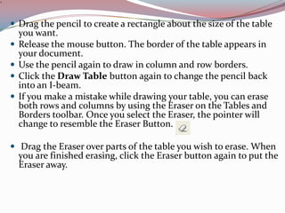 .

 Drag the pencil to create a rectangle about the size of the table





you want.
Release the mouse button. The border of the table appears in
your document.
Use the pencil again to draw in column and row borders.
Click the Draw Table button again to change the pencil back
into an I-beam.
If you make a mistake while drawing your table, you can erase
both rows and columns by using the Eraser on the Tables and
Borders toolbar. Once you select the Eraser, the pointer will
change to resemble the Eraser Button.

 Drag the Eraser over parts of the table you wish to erase. When

you are finished erasing, click the Eraser button again to put the
Eraser away.

 