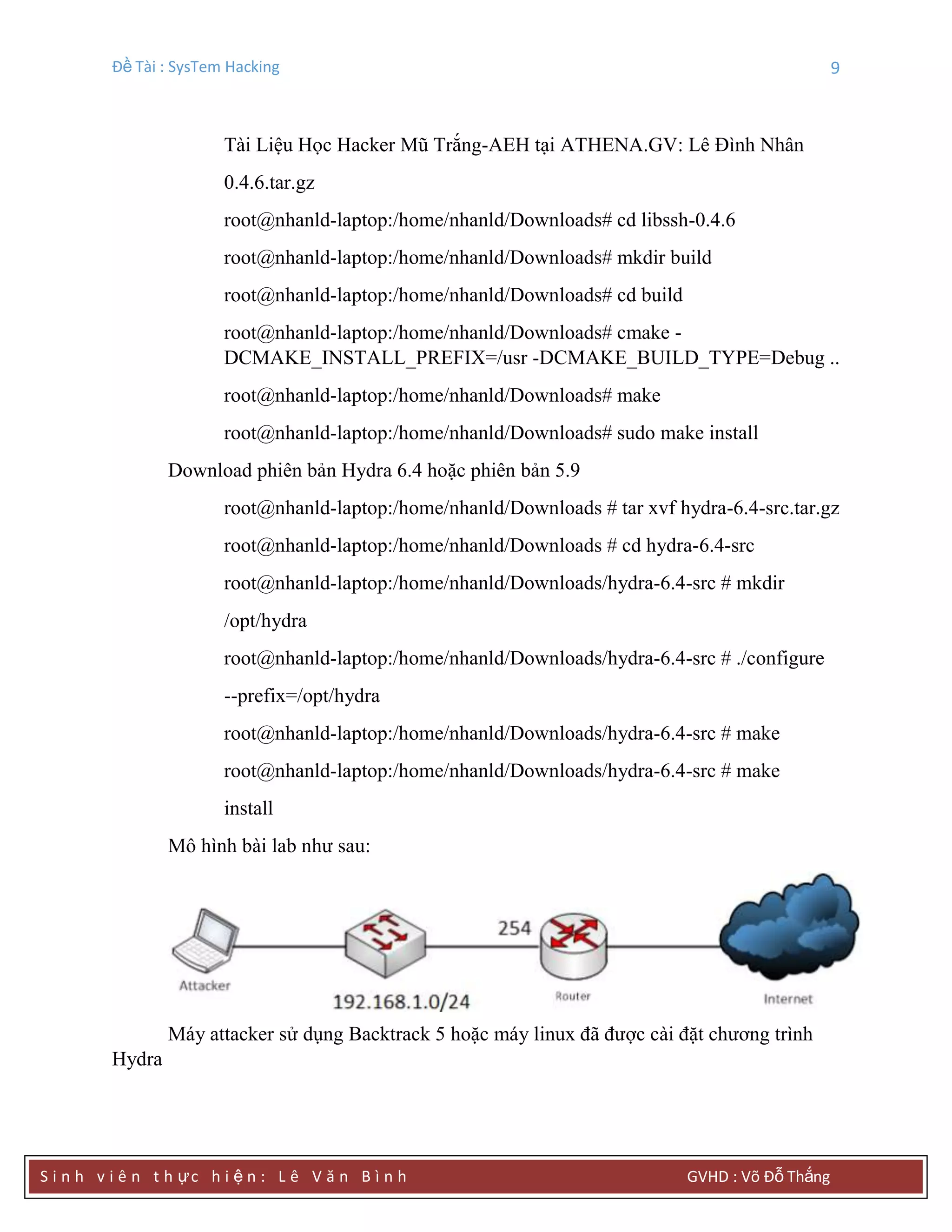 Đề Tài : SysTem Hacking 9
S i n h v i ê n t h ực h i ệ n : L ê V ă n B ì n h GVHD : Võ Đỗ Thắng
Tài Liệu Học Hacker Mũ Trắng-AEH tại ATHENA.GV: Lê Đình Nhân
0.4.6.tar.gz
root@nhanld-laptop:/home/nhanld/Downloads# cd libssh-0.4.6
root@nhanld-laptop:/home/nhanld/Downloads# mkdir build
root@nhanld-laptop:/home/nhanld/Downloads# cd build
root@nhanld-laptop:/home/nhanld/Downloads# cmake -
DCMAKE_INSTALL_PREFIX=/usr -DCMAKE_BUILD_TYPE=Debug ..
root@nhanld-laptop:/home/nhanld/Downloads# make
root@nhanld-laptop:/home/nhanld/Downloads# sudo make install
Download phiên bản Hydra 6.4 hoặc phiên bản 5.9
root@nhanld-laptop:/home/nhanld/Downloads # tar xvf hydra-6.4-src.tar.gz
root@nhanld-laptop:/home/nhanld/Downloads # cd hydra-6.4-src
root@nhanld-laptop:/home/nhanld/Downloads/hydra-6.4-src # mkdir
/opt/hydra
root@nhanld-laptop:/home/nhanld/Downloads/hydra-6.4-src # ./configure
--prefix=/opt/hydra
root@nhanld-laptop:/home/nhanld/Downloads/hydra-6.4-src # make
root@nhanld-laptop:/home/nhanld/Downloads/hydra-6.4-src # make
install
Mô hình bài lab như sau:
Máy attacker sử dụng Backtrack 5 hoặc máy linux đã được cài đặt chương trình
Hydra
 