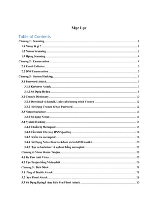 Mục Lục
Table of Contents
Chƣơng 1 : Scanning ..................................................................................................................................1
1.1 Nmap là gì ?.......................................................................................................................................1
1.2 Nessus Scanning ................................................................................................................................3
1.3 Hping Scanning.................................................................................................................................4
Chƣơng 2 : Enumeration............................................................................................................................4
2.1 Email Collector..................................................................................................................................5
2.2 DNS Enumeration.............................................................................................................................5
Chƣơng 3 : System Hacking.......................................................................................................................7
3.1 Password Attack................................................................................................................................7
3.1.1 Kerberos Attack.........................................................................................................................7
3.1.2 Sử Dụng Hydra...........................................................................................................................8
3.2 Crunch Dictionary ..........................................................................................................................10
3.2.1 Download và Install, Uninstall chƣơng trình Crunch ..........................................................12
3.2.2 Sử Dụng Crunch để tạo Password.........................................................................................12
3.3 Netcat backdoor ..............................................................................................................................13
3.3.1 Sử dụng Netcat .........................................................................................................................14
3.4 System Hacking...............................................................................................................................15
3.4.1 Chuẩn bị Metasploit.................................................................................................................15
3.4.2 Cấu hình Ettercap DNS Spoofing...........................................................................................16
3.4.3 Kiểm tra metasploit ................................................................................................................16
3.4.4 Sử Dụng Netcat làm backdoor và hxdef100 rootkit.............................................................20
3.4.5 Tạo ra backdoor và upload bằng metasploit........................................................................23
Chƣơng 4: Virus Worm Trojan...........................................................................................................25
4.1 By Pass Anti Virus ..........................................................................................................................25
4.2 Tạo Trojan bằng Metasploit ..........................................................................................................26
Chƣơng 5 : DoS DdoS...........................................................................................................................28
5.1 Ping of Dealth Attack.....................................................................................................................28
5.2 Syn Flood Attack............................................................................................................................28
5.3 Sử Dụng Hping3 thực hiện Syn Flood Attack ..............................................................................30
 