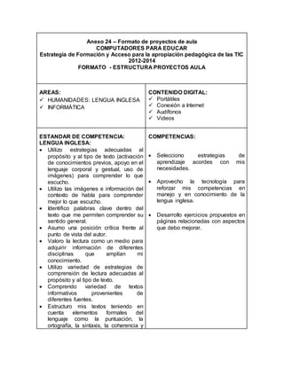 Anexo 24 – Formato de proyectos de aula 
COMPUTADORES PARA EDUCAR 
Estrategia de Formación y Acceso para la apropiación pedagógica de las TIC 
2012-2014 
FORMATO - ESTRUCTURA PROYECTOS AULA 
AREAS: 
 HUMANIDADES: LENGUA INGLESA 
 INFORMÁTICA 
CONTENIDO DIGITAL: 
 Portátiles 
 Conexión a Internet 
 Audífonos 
 Videos 
ESTANDAR DE COMPETENCIA: 
LENGUA INGLESA: 
 Utilizo estrategias adecuadas al 
propósito y al tipo de texto (activación 
de conocimientos previos, apoyo en el 
lenguaje corporal y gestual, uso de 
imágenes) para comprender lo que 
escucho. 
 Utilizo las imágenes e información del 
contexto de habla para comprender 
mejor lo que escucho. 
 Identifico palabras clave dentro del 
texto que me permiten comprender su 
sentido general. 
 Asumo una posición crítica frente al 
punto de vista del autor. 
 Valoro la lectura como un medio para 
adquirir información de diferentes 
disciplinas que amplían mi 
conocimiento. 
 Utilizo variedad de estrategias de 
comprensión de lectura adecuadas al 
propósito y al tipo de texto. 
 Comprendo variedad de textos 
informativos provenientes de 
diferentes fuentes. 
 Estructuro mis textos teniendo en 
cuenta elementos formales del 
lenguaje como la puntuación, la 
ortografía, la sintaxis, la coherencia y 
COMPETENCIAS: 
 Selecciono estrategias de 
aprendizaje acordes con mis 
necesidades. 
 Aprovecho la tecnología para 
reforzar mis competencias en 
manejo y en conocimiento de la 
lengua inglesa. 
 Desarrollo ejercicios propuestos en 
páginas relacionadas con aspectos 
que debo mejorar. 
 