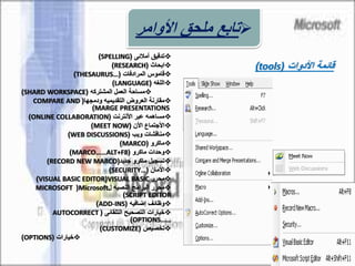 ‫أمالئى‬ ‫تدقيق‬(SPELLING)
‫ابحاث‬(RESEARCH)
‫المرادفات‬ ‫قاموس‬(THESAURUS…)
‫اللغه‬(LANGUAGE)
‫العمل‬ ‫مساحة‬‫المشتركه‬(SHARD WORKSPACE)
‫العروض‬ ‫مقارنة‬‫التقديميه‬‫ودمجها‬(COMPARE AND
MARGE PRESENTATIONS)
‫عبر‬ ‫مساهمه‬‫األنترنت‬(ONLINE COLLABORATION)
‫األجتماع‬‫األن‬(MEET NOW)
‫ويب‬ ‫مناقشات‬(WEB DISCUSSIONS)
‫ماكرو‬(MARCO)
‫ماكرو‬ ‫وحدات‬(MARCO……ALT+F8)
‫جديد‬ ‫ماكرو‬ ‫تسجيل‬(RECORD NEW MARCO)
‫األمان‬(SECURITY…)
‫محرر‬VISUAL BASIC(VISUAL BASIC EDITOR)
‫البرامج‬ ‫محرر‬‫النصيه‬‫ل‬Microsoft(MICROSOFT
SCRIPT EDITOR)
‫وظائف‬‫إضافيه‬(ADD-INS)
‫التصحيح‬ ‫خيارات‬‫التلقائى‬(AUTOCORRECT
OPTIONS……)
‫تخصيص‬(CUSTOMIZE)
‫خيارات‬(OPTIONS)
‫األدوات‬ ‫قائمة‬(tools)
‫األوامر‬ ‫ملحق‬ ‫تابع‬
 
