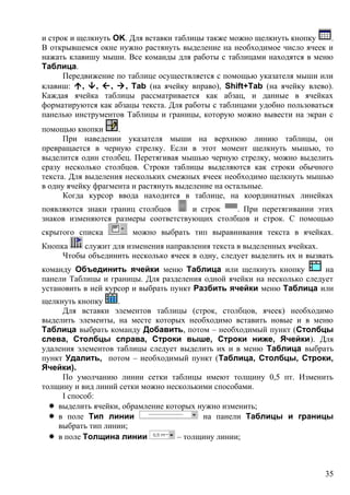 и строк и щелкнуть ОK. Для вставки таблицы также можно щелкнуть кнопку .
В открывшемся окне нужно растянуть выделение на необходимое число ячеек и
нажать клавишу мыши. Все команды для работы с таблицами находятся в меню
Таблица.
Передвижение по таблице осуществляется с помощью указателя мыши или
клавиш: , , , , Tab (на ячейку вправо), Shift+Tab (на ячейку влево).
Каждая ячейка таблицы рассматривается как абзац, и данные в ячейках
форматируются как абзацы текста. Для работы с таблицами удобно пользоваться
панелью инструментов Таблицы и границы, которую можно вывести на экран с
помощью кнопки .
При наведении указателя мыши на верхнюю линию таблицы, он
превращается в черную стрелку. Если в этот момент щелкнуть мышью, то
выделится один столбец. Перетягивая мышью черную стрелку, можно выделить
сразу несколько столбцов. Строки таблицы выделяются как строки обычного
текста. Для выделения нескольких смежных ячеек необходимо щелкнуть мышью
в одну ячейку фрагмента и растянуть выделение на остальные.
Когда курсор ввода находится в таблице, на координатных линейках
появляются знаки границ столбцов и строк . При перетягивании этих
знаков изменяются размеры соответствующих столбцов и строк. С помощью
скрытого списка можно выбрать тип выравнивания текста в ячейках.
Кнопка служит для изменения направления текста в выделенных ячейках.
Чтобы объединить несколько ячеек в одну, следует выделить их и вызвать
команду Объединить ячейки меню Таблица или щелкнуть кнопку на
панели Таблицы и границы. Для разделения одной ячейки на несколько следует
установить в ней курсор и выбрать пункт Разбить ячейки меню Таблица или
щелкнуть кнопку .
Для вставки элементов таблицы (строк, столбцов, ячеек) необходимо
выделить элементы, на месте которых необходимо вставить новые и в меню
Таблица выбрать команду Добавить, потом – необходимый пункт (Столбцы
слева, Столбцы справа, Строки выше, Строки ниже, Ячейки). Для
удаления элементов таблицы следует выделить их и в меню Таблица выбрать
пункт Удалить, потом – необходимый пункт (Таблица, Столбцы, Строки,
Ячейки).
По умолчанию линии сетки таблицы имеют толщину 0,5 пт. Изменить
толщину и вид линий сетки можно несколькими способами.
І способ:
 выделить ячейки, обрамление которых нужно изменить;
 в поле Тип линии на панели Таблицы и границы
выбрать тип линии;
 в поле Толщина линии – толщину линии;
35
 